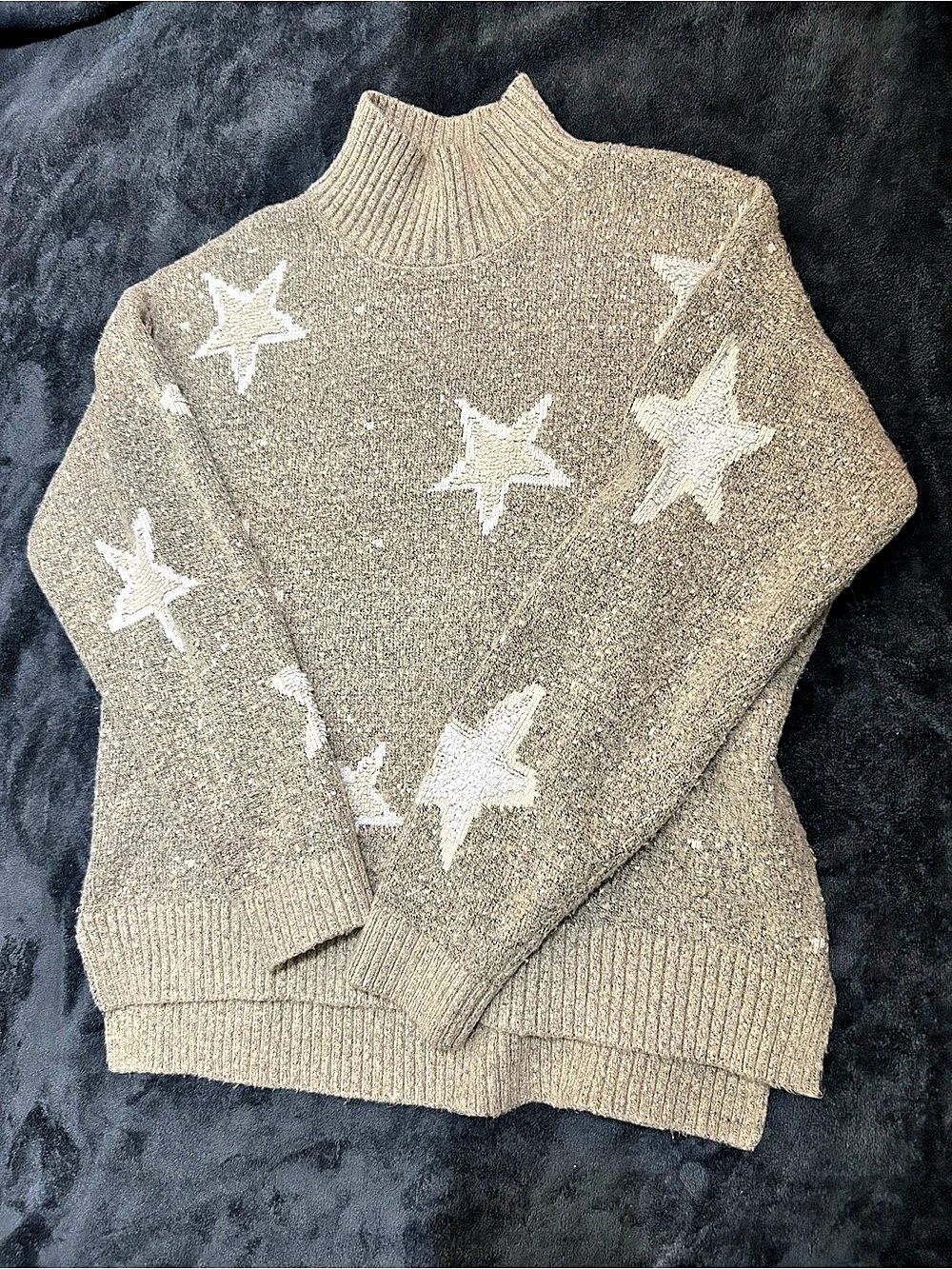 Bobeau Star Mock Neck Pullover Sweater Brown & White Medium